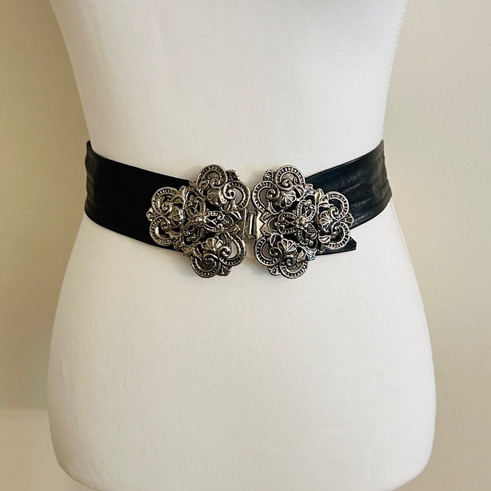 Black Leather Waist Belt with Ornate Silver Buckle